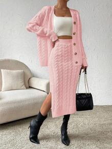 Chiquease 2pcs Solid Color Twist Knit V-Neck Button Front Cardigan And Skirt Knit Set - Pink - View 4