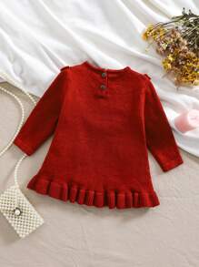 Baby Girl Casual Flower Embroidery Ruffle Hem Sweater Dress, Autumn/Winter