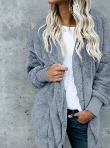 INAWLY Women Plus Size Casual Fuzzy Side Pocket Jacket For Autumn/Winter - Grey - View 1