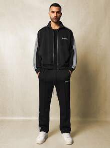 SUMWON Retro Athletic Track Suit Workout Training Set Striped Side Tape Co-Ord Warm Up Suit Performance Casual Sporty Athleisure Winter Full Zip Set - Black - View 2