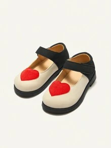 Cozy Pixies 1pair Fashionable Versatile Heart Princess Style Contrast Color Cute Toddler Girls Soft Bottom Flat Shoes, Baby