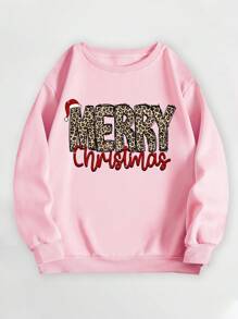SHEIN LUNE Women Regular Fit Christmas Leopard Print Sweatshirt - Pink - View 3