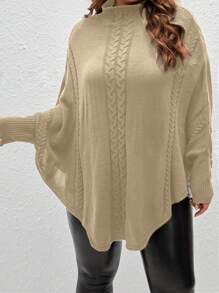 SHEIN LUNE 大码女式蝙蝠袖宽松休闲高领纯色毛衣，秋冬针织套头衫 - 卡其色 - 查看 3