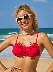 Swim Mod 1pc Women 3D Floral Applique Spaghetti Strap Bikini Top Summer - Red - View 8