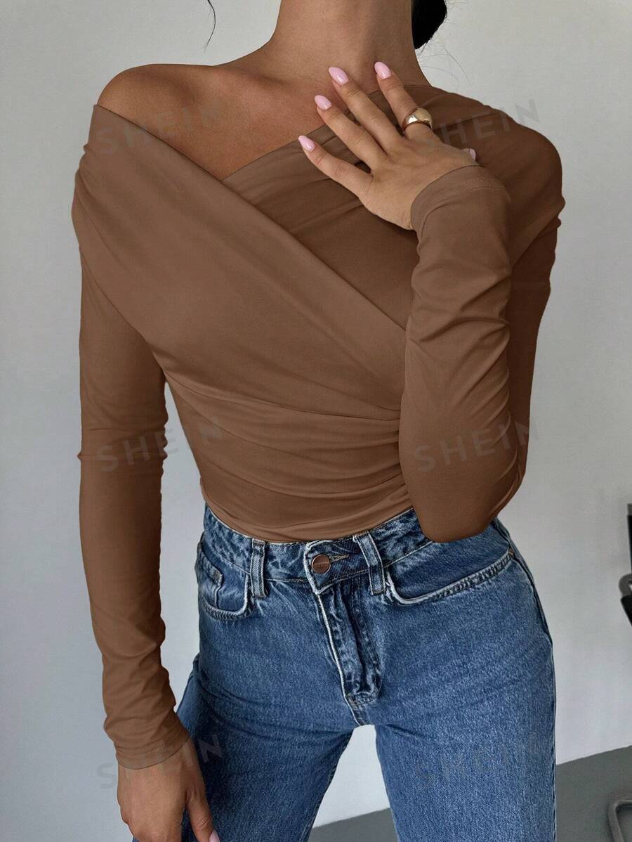 Firerie Camiseta envolvente de mujer con cuello asimétrico de unicolor