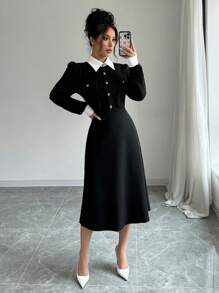 SHEIN PETITE 1pc Women Elegant Color Block Long Sleeve Button Front Midi Dress