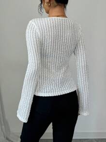 Calvaya Camiseta de manga larga, elegante, de ajuste slim, en unicolor con lazo estilo francés para mujer
