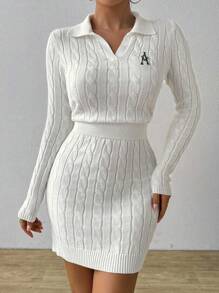 Chiquease 1pc Witte Kabelgebreide Trui Dames, Geborduurde Polo Kraag Bodycon Mini Jurk