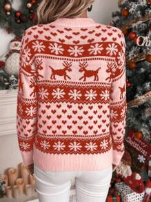 Chiquease Casual Christmas Contrast Color Reindeer & Geometric Pattern Sweater, Autumn/Winter Knit Pullover Fall - Pink - View 2