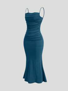 Sweetra Elegant Solid Color Fishtail Ruched Bodycon Slip Dress - Teal Blue - View 6