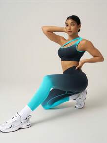 Gameset SHEIN Sport Ensemble de sport sans couture pour femme, Top à col asymétrique dégradé et pantalon, tenue de sport pour la salle de gym - Bleu azur - Voir 5