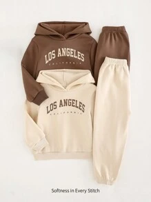 Cozy Pixies 4pcs Set Young Boy Letter Graphic Soft Knit Hoodie Sweatshirt And Jogger Pants - Brown - View 1