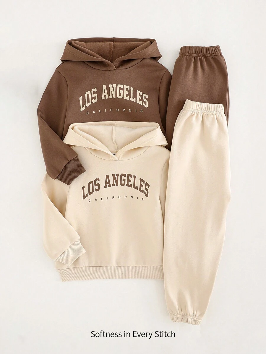 Cozy Pixies 4pcs Set Young Boy Letter Graphic Soft Knit Hoodie Sweatshirt And Jogger Pants - Brown - View 1