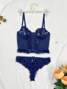 2pcs Lace & Mesh Women Lingerie Set (With Underwire, G-String) - Royal Blue - View 6
