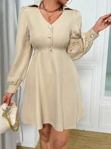 SHEIN Unity Vestido mini con cuello, manga larga con botones, volantes en el bajo, de unicolor, elegante para el otoño, para mujeres - Caqui - Ver 6