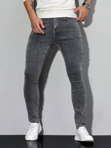 Manfinity Homme Jeans casuales y versátiles de unicolor y corte ajustado con bolsillos para hombres - Gris - Ver 4