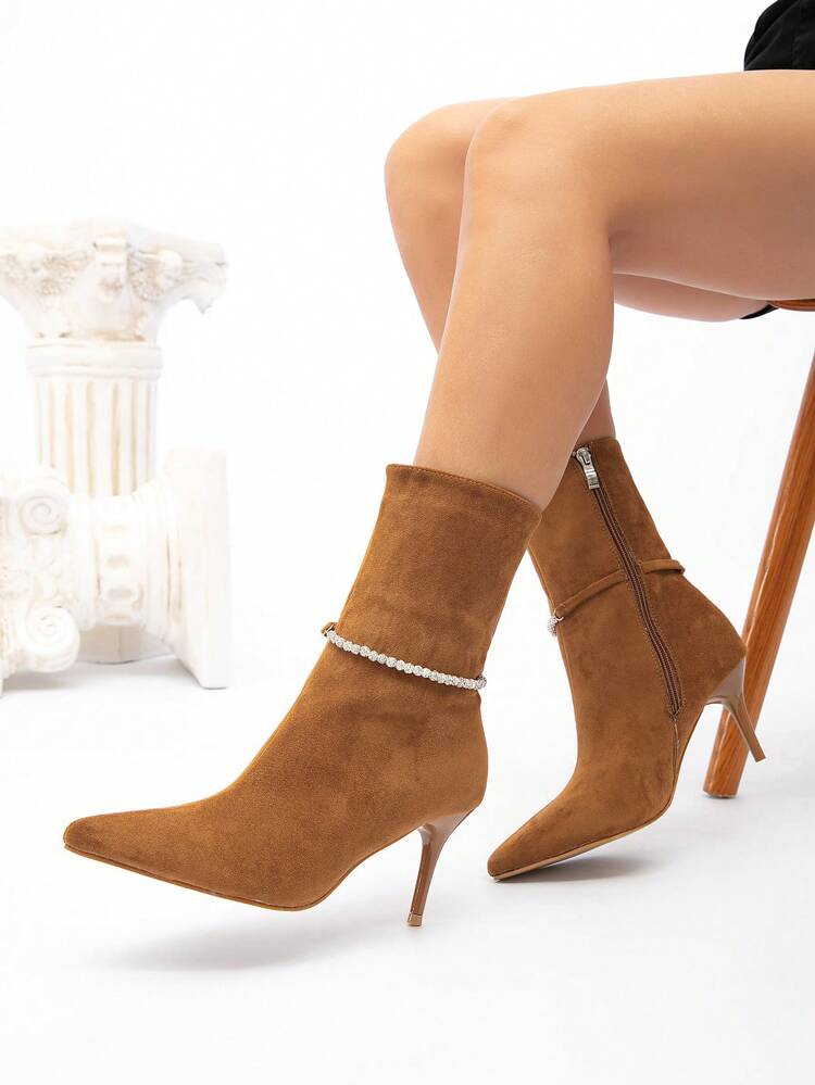 CUCCOO CHICEST Women Pointed Toe Pearl Chain Stiletto High Heel Zipper Dress Boots, Elegant Commuter Lady Faux Suede Mid-Calf Boots, Slim Fit, Suitable For Work, Date, Party, Khaki Color
