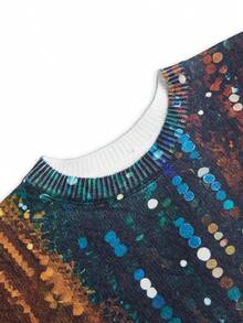 Warp Atelie Artist Christmas Glittery Sparkle Sequin Pattern Loose Crew Neck Knit Sweater, Suitable For Autumn/Winter, Holiday, New Year, Vacation, Festival, Ibiza Fits - Multicolor - View 3