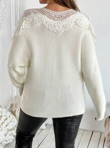 SHEIN Clasi Plus Size Women Contrast Lace Round Neck Batwing Long Sleeve Elegant Pullover Sweater, Autumn/Winter - Beige - View 2