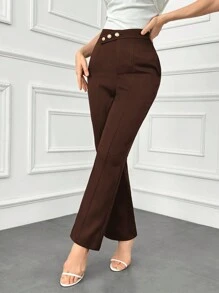 Modelyn Pantalones elegantes de mujer con pierna recta, cintura suelta y detalles de botones para otoño/invierno - Café integral - Ver 6