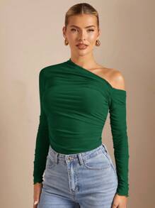 SHEIN BAE 1pc Asymmetric Ruched Sheer Fitted Solid Color Blouse