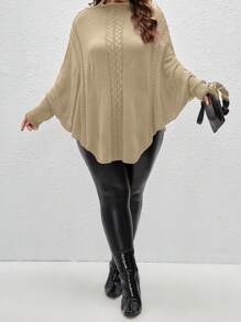 SHEIN LUNE 大码女式蝙蝠袖宽松休闲高领纯色毛衣，秋冬针织套头衫 - 卡其色 - 查看 4