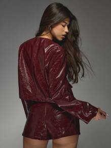 MISSGUIDED Patent Leather Blazer Metallic High Fashion Statement Winter Holiday Party Evening Celebration Tailored Structured Luxury Designer Professional Outerwear