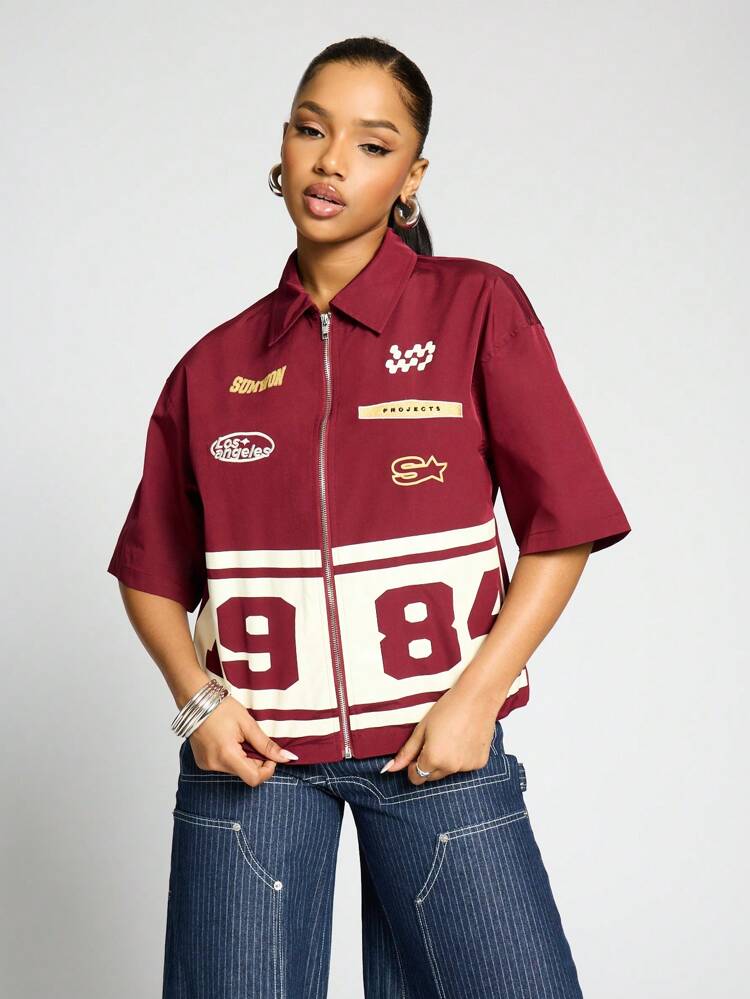 SUMWON WOMEN Varsity Bomber Blouse With Embroidered Patches And Zip Front