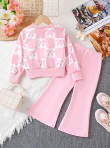 2pcs/Set Young Girl Casual Minimalist Pink Bow Decor Cute Style Outfit