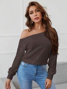 SHEIN Essnce 女士休闲简约纯色不对称领运动衫，春/秋 - 摩卡棕 - 查看 1