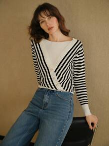 MOTF STUDIO WOOL STRIPED PATTERN BUTTON FRONT 2 IN 1 SWEATER