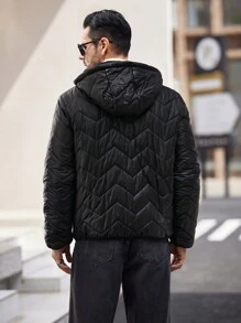 Manfinity Homme Chaqueta acolchada con cremallera y capucha con pespunte en Z para hombres, abrigo acolchado de invierno urbano para otoño/invierno, como regalo para amigos, esposo, novio