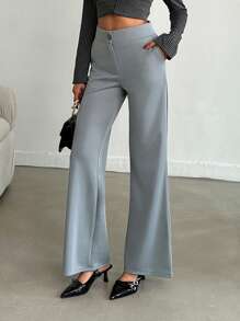 EURMUSE Women's Solid Mid Rise Flare Leg Pants - Grey - View 5