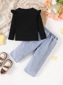 Set casual da 2 pezzi per neonate, composto da maglietta a maniche lunghe con collo rotondo con stampa di lettere e margherite, e pantaloni, per l'autunno