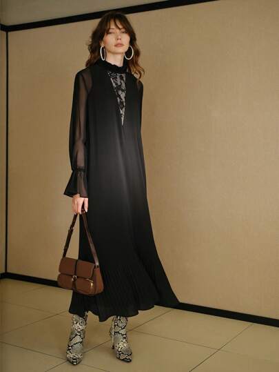 MOTF STUDIO 立领对比色透明网眼喇叭袖蕾丝嵌件褶皱连衣裙（无腰带）