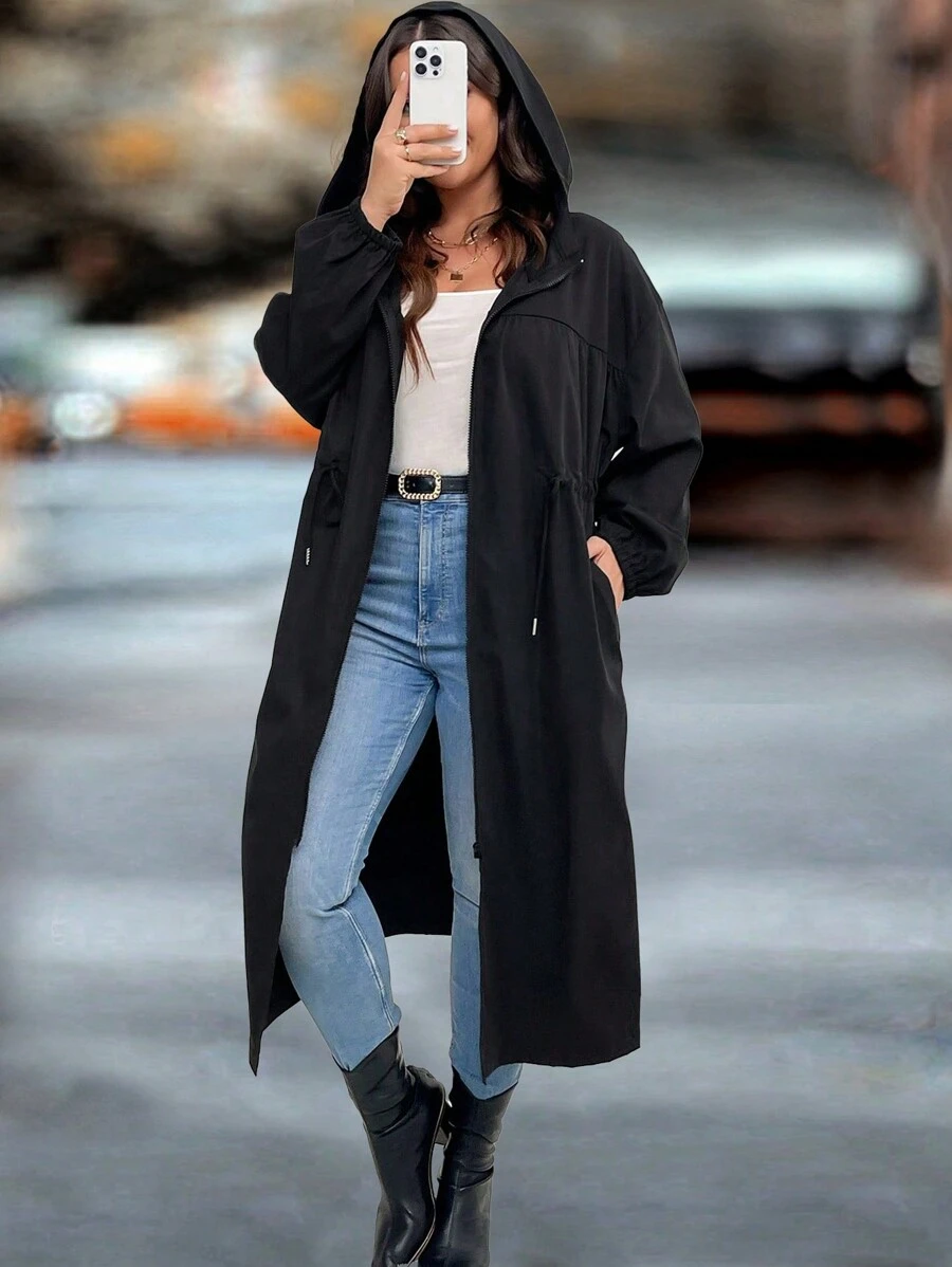 SHEIN LUNE 女士连帽长款开衫外套，收腰休闲外套，适合秋冬季 - 黑色 - 查看 1