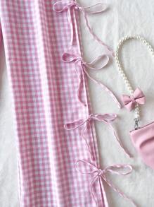Soleia Gingham Print Tie Waist High Slit Wide Leg Pants - Pink - View 6