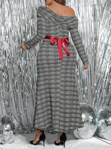 SHEIN Clasi Vestido largo y elegante de punto gris de hombros descubiertos, manga larga y con lazo en la cintura, apto para otoño/invierno, Acción de Gracias, Navidad, Halloween, Año Nuevo, para mujer de talla grande