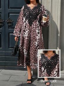 SHEIN Unity Plus Size Leopard Print Loose Fit Floral Trim Long Dress - Multicolor - View 4