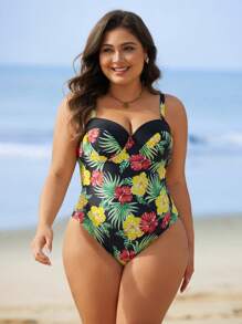 Swim Lushoire Traje de baño de una sola pieza con estampado floral y aros para tallas grandes, que realza el busto para el verano