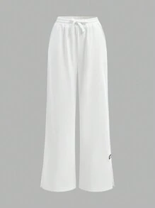 Tween Girl 休闲简约小字母拼接开衩下摆阔腿运动裤 - 白色 - 查看 6