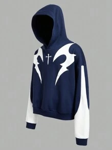 Manfinity VCAY Plus Size Men's Loose Fit Knit Printed Long Sleeve Hooded Sweatshirt, Autumn/Winter Going Out Street Wear Graphic Color Block Hoodie, For Friends, Husband, Boyfriend Gifts