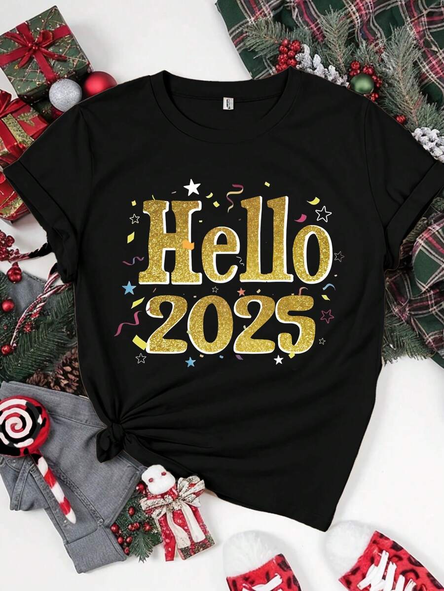 Chiquease Tee-shirt graphique à manches courtes régulières pour femmes avec l'impression "Hello 2025", convient pour le printemps et l'été, vêtements pour femmes, tops