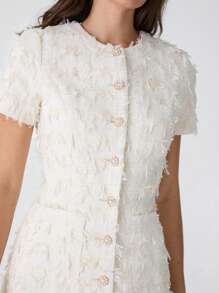 Enchnt Spring/Summer Romantic  Women's Apricot Exquisite Flower Pearl Button Decor Pocket Short Sleeve Fancy Yarn Tweed Mini Dress,Sweet&Elegant Outfit For Sweet Date Night &Wedding Guest Dress Women &Holiday & Graduation Dress&Daily Commuting&Vacation&Garden Parties & Concert Outfit Women