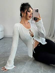 Calvaya Camiseta de manga larga, elegante, de ajuste slim, en unicolor con lazo estilo francés para mujer