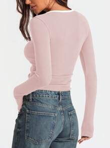 INAWLY Camiseta ajustada de mujer casual de cuello en contraste de color, otoño