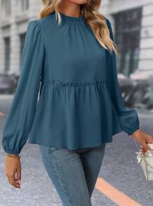 SHEIN Clasi Women Solid Color Stand Collar Ruffle Edge Casual Long Sleeve Blouse Peplum Top - Blue - View 5