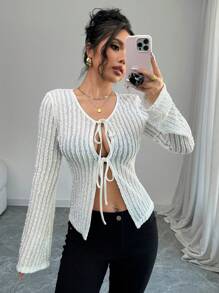 Calvaya Camiseta de manga larga, elegante, de ajuste slim, en unicolor con lazo estilo francés para mujer