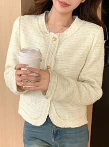 DAZY 纯色圆领流苏边女式休闲夹克，秋季服装 - 白色 - 查看 3