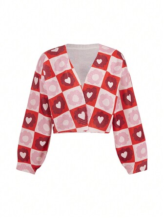 Studio sunshine Artist Heart & Flower Checkerboard Pattern Casual Knitted Cardigan For Women, Suitable For Autumn/Winter, Holiday, New Year, Thanksgiving, Vacation, Spring, Festival, Spring Break, Ibiza Fits